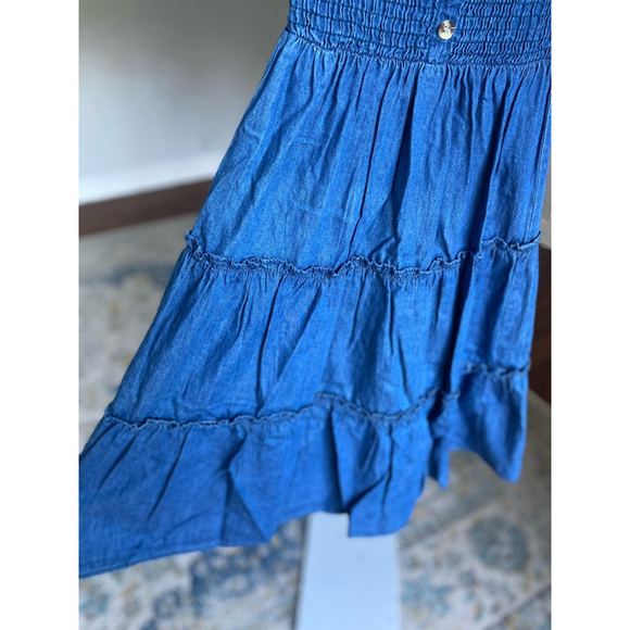 New Glory Mini Dress Smocked Denim Summer Wedding Preppy Boho Cottagecore Party - Picture 4 of 6